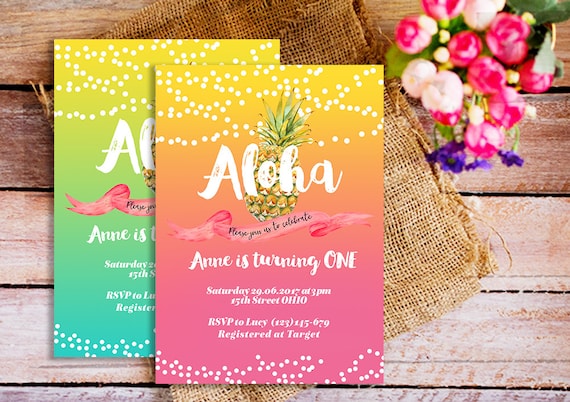 Aloha invitación aloha primer cumpleaños invitación Aloha invitación, aloha primer cumpleaños invitación, invitaciones de Luau Tropical, pink aloha invitación, amarillo tropical aloha piña invita
