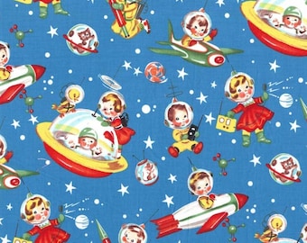 Retro Rocket Rascals Multi by Michael Miller - Space Stars Blue Sky - Quilting Cotton Fabric - choose your cut