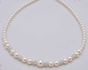 Ivory Pearl and Rhinestone Bridal Necklace, Ivory Pearl Necklace, Pearl Strand, Cream Pearl Wedding Necklace, Full Pearl Necklace 0289