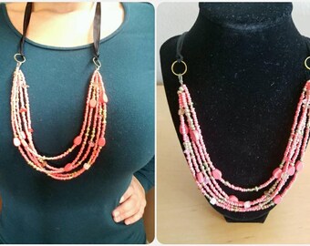 30 in. coral, multi strand necklace