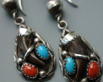 Vintage Navajo Turquoise Coral Faux Claw Earrings