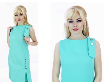 Mod Scooter Dress 60s 70s Mini Drop Waist Aqua Blue Twiggy Gold Buttons Pleat Skirt Small S Medium M