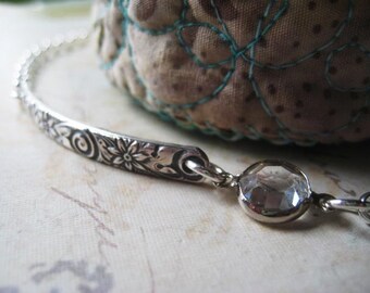 Pattern Bar Bracelet, Sterling Silver, Oxidized Pattern, Pattern Bar, Flower Detailing, Sterling Crystal, Layering Bracelet, candies64