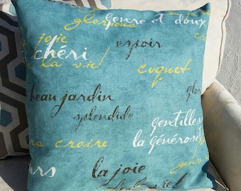 Teal Blue, Brown Yellow & Natural French Script Pillow Cover - Various Sizes