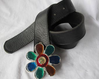 BELT Black LEATHER Enamel DAISY Buckle Hip Waist Hippie 1970's Vintage Mod Indie Hippy