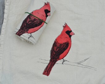 Tea Towel, Screen Printed Flour Sack Towel, cardinal,bird, handmade, eco-friendly, kitchen towel, dish towel