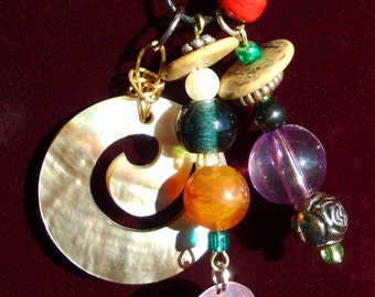 COLORFUL UNIVERSE Necklace, shell disk, colorful, black hemp, ooak, Whimsical, RedRobinArt, Grigsby Gallery and Gifts
