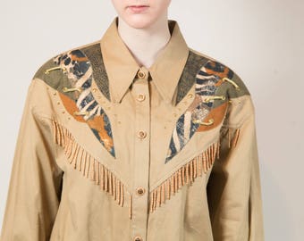 Vintage Ranch Shirt - Large Women's or Ladies Vintage Tan Button up Western Cowgirl Shirt with Tassels - Dolly Parton Shirt