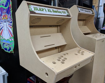 Easy to Assemble 2 Player XL bartop / tabletop arcade cabinet DIY kit w/ marquee holder flat pack mdf HAPP joystick mounting pattern