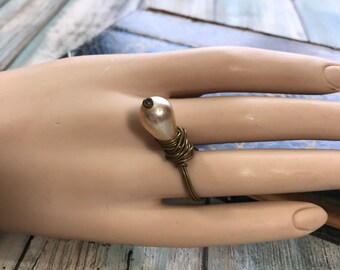 Wire Wrapped Faux Pearl Statement Ring | Sz 7 Ring | STORE CLOSING SALE Gift For Her