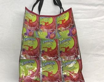 GO GREEN Fun bag made with Recycled Juice Pouches repurposed, upcycled