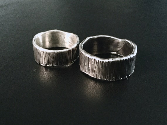 Unisex Wedding Engagement Band Textured Ring Rough Striped Natural Surface Striation Band Oxidized Solid Sterling 925 Silver