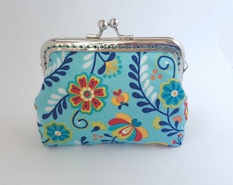 Coin purse, blue, flowers