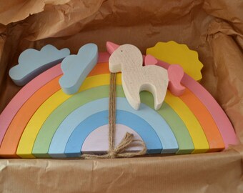 Wooden rainbow toy - Arcoiris - Arcobaleno - Regenbogen - Waldorf toy - Pastel rainbow stacker - Large rainbow - Rainbow unicorn