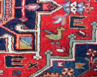 Tapis Vintage Accent persan / Bohème noués à la main au sol tapis / tapis en rouge, bleu, blanc, vert mi siècle motif moderne