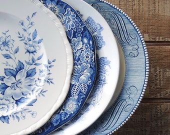 Mismatched Blue and White Dinner Plates for Weddings Set of 4 English Blue Transferware English China, Rustic Replacement China