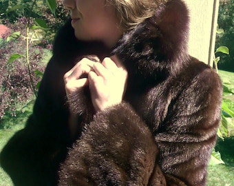 Vintage Classic Mink Coat with Sable Collar in Deepest Brown