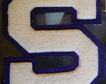 SALE Vintage Letterman S Patch White Purple Chenille Varsity School Letter High School College Unused Original Sticker Felt Novelty Co LA