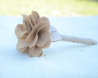 Personalized wedding guest book pen with burlap flower