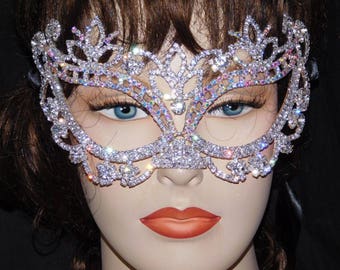 Silver With AB Rhinestone Crystal Masquerade Mask Mardi Gras Party /Black Ribbon