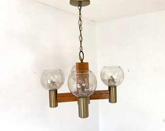 Mid Century Atomic Chandelier - Wood and Brass Glass Globe Chandelier - Ceiling Light - Pendant