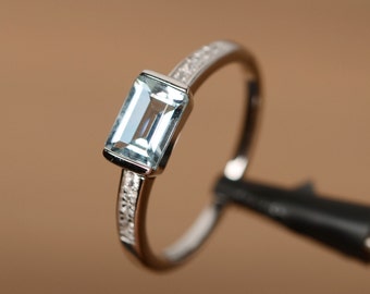 Natural aquamarine ring emerald cut gemstone March birthstone ring silver ring anniversary ring