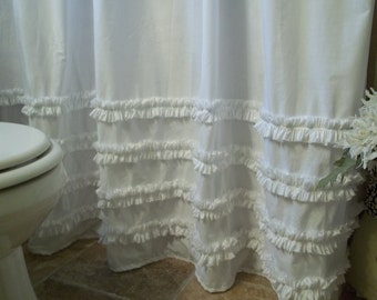 Shabby Chic - Cottage- Beach - Washed White Cotton Ruffles Shower Curtain