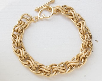 Vintage Oscar De La Renta Gold Tone Braided Textured Links Bracelet #OS151