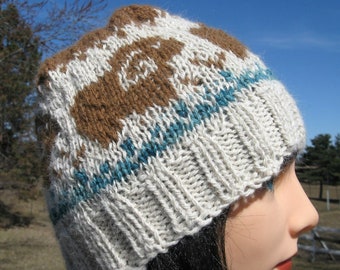 Hand Knit Alpaca Wool Hat Men or Women, Fair Isle Cap, Sheep Beanie