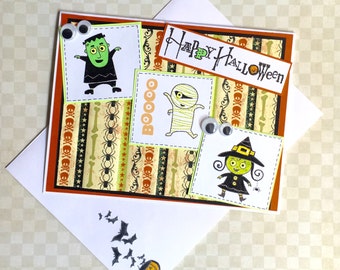 Happy Halloween Greeting Card - Mummy Witch Frankenstein Handmade Paper Card for kids or adults