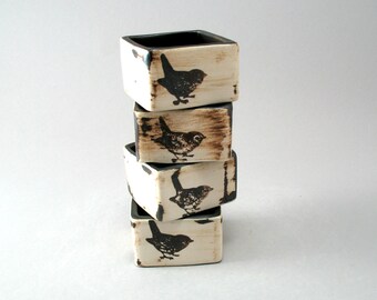 Pottery Napkin Holders-Set of 4-Stoneware Napkin Rings-Bird-Hand Built-Porcelain-Home Decor-Tableware-Bird Pottery-Rustic