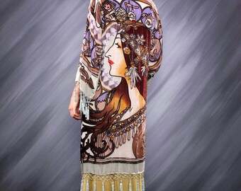 Art Deco Noveaux Mucha Astrologer Beaded Kimono Gypsy Duster
