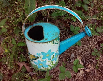 1950's to 1960's Vintage Metal Watering Can ~ Beautiful Lithographed Garden Images ~ Precious Childhood Memory!