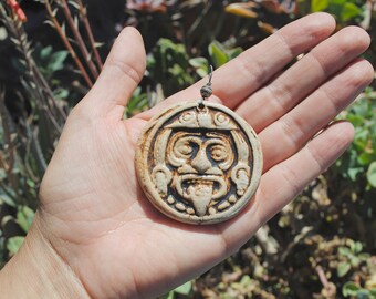 ceramic aztec pendant clay necklace mayan focal bead mexican jewelry