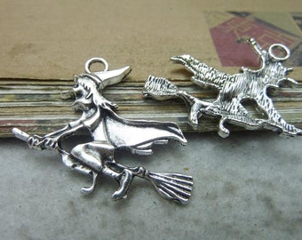 20 Witch Charms Antique Silver Tone Witch Riding Broom