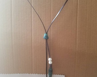Turquoise and leather lariat necklace