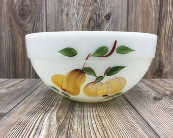 Vintage Fire King Milk Glass Mixing Bowl with Fruit Design Farmhouse Shabby Chic