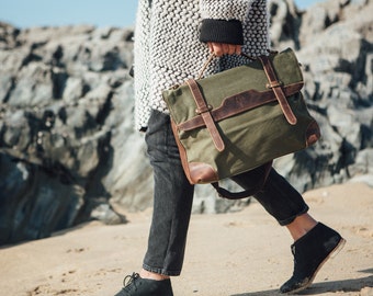 Waxed Canvas Bag / Messenger Bag/ Waxed Leather Satchel Bags/ Canvas Messenger Satchel Bag / Macbook Canvas Satchel Bag / Waxed Shoulder Bag
