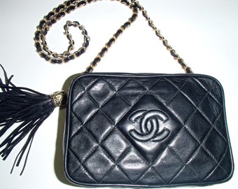 CHANEL BAG Black/ Free Chanel Dust Bag/ Leather CC Logo /Tassel Gold Chain/ Vintage Italy 1990s Authentic and Rare
