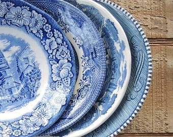 Blue and White Mismatched Saucers Set of 4, Tea Party, Plates for Wedding, Cottage Chic, Vintage, Replacement China