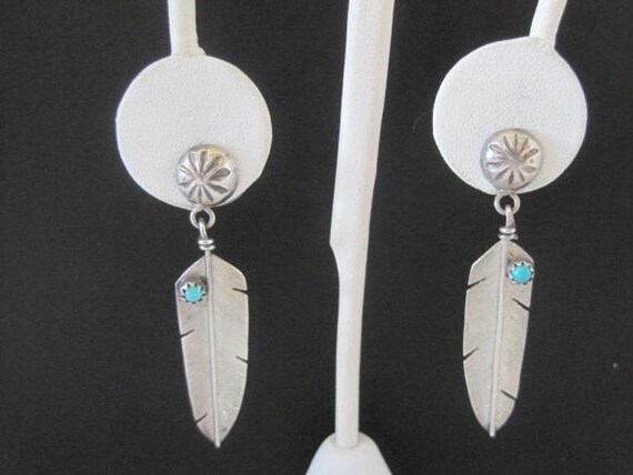 Native American Earrings, Sterling Turquoise Feathers, Pierced Earrings