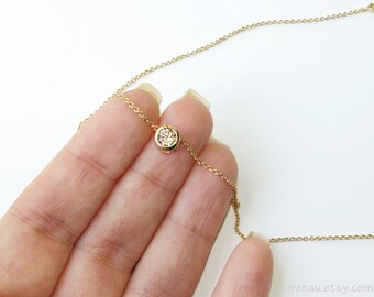 Tiny crystal necklace, CZ necklace cubic zirconia, delicate champagne necklace diamond, tiny dot gold necklace, small karma necklace simple