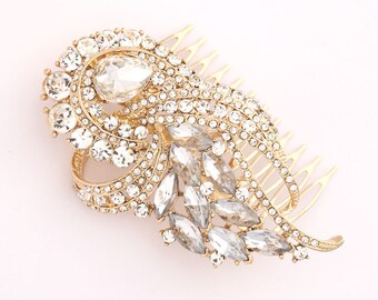 Gold Bridal Comb, Art Deco Wedding Accessory, Bridal Hair Pin, Rhinestone Gold Hair Comb, Vintage Wedding Hair Comb