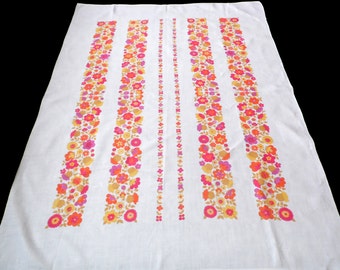 Vintage linen printed floral tablecloth . Beautiful Flowers
