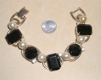 Vintage Black Glass And Rhinestone Bracelet With Faux Pearls 1950's Jewelry 7078