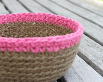 SALE Crocheted Jute Bowl Plant Pot Holder, Crochet Storage Basket, Natural Jute Basket, Jute Twine Bowl - Neon Pink Rim