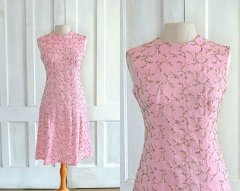 60s Vintage L'aiglon Dress Pink Embroidered Knit Mini Dress