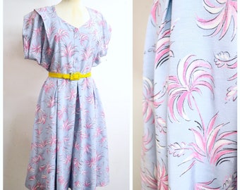 1940s Blue pink palm tree print rayon day dress / 40s novelty print zip front house dress - M