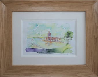 Normanton Church on Rutland Water, watercolour painting