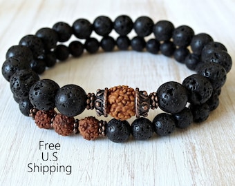 Rudraksha, set of 2 bracelets, Lava, Yoga stack, Yoga bracelets, bracelet set, Reiki, stacking malas, yoga stack, mala beads, Lava bracelet